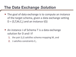 The Data Exchange Solution
 The goal of data exchange is to compute an instance
of the target schema, given a data exchange setting
D = (S,T,M,CT) and an instance I(S)
 An instance J of Schema T is a data exchange
solution for D and I if
1. the pair (I,J) satisfies schema mapping M, and
2. J satisfies constraints CT
 