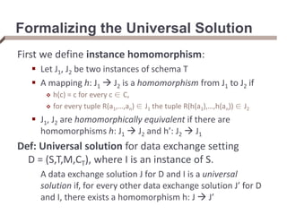 Formalizing the Universal Solution
First we define instance homomorphism:
 Let J1, J2 be two instances of schema T
 A mapping h: J1  J2 is a homomorphism from J1 to J2 if
 h(c) = c for every c ∈ C,
 for every tuple R(a1,…,an) ∈ J1 the tuple R(h(a1),…,h(an)) ∈ J2
 J1, J2 are homomorphically equivalent if there are
homomorphisms h: J1  J2 and h’: J2  J1
Def: Universal solution for data exchange setting
D = (S,T,M,CT), where I is an instance of S.
A data exchange solution J for D and I is a universal
solution if, for every other data exchange solution J’ for D
and I, there exists a homomorphism h: J  J’
 