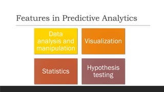 Features in Predictive Analytics
Data
analysis and
manipulation
Visualization
Statistics
Hypothesis
testing
 