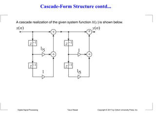 Cascade-Form Structure contd...
A cascade realization of the given system function H(z) is shown below.


z 1
1
1 1
5
z 1
x(n)

y(n)

z 1
z 1
15
Digital Signal Processing Tarun Rawat Copyright © 2017 by Oxford University Press, Inc.
 