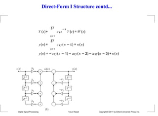 Direct-Form I Structure contd...
− k
ak z Y (z) = W (z)
Σ3
Y (z)+
k=1
Σ3
y(n) +
k=1
ak y(n − k) = w(n)
y(n) = −a1y(n − 1)− a2y(n − 2)− a3y(n − 3)+ w(n)
y(n)
x(n) b0 w(n)
b1
b2
b3

Z1

(b)

Z1

Z1
a3
a2
a1
Z1
Z1
Z1
Digital Signal Processing Tarun Rawat Copyright © 2017 by Oxford University Press, Inc.
 