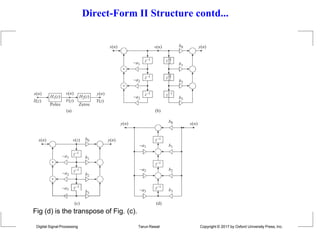Direct-Form II Structure contd...
H1(z) H2(z)
y(n)
x(n)
Y(z)
X(z)
v(n)
V(z)
Poles Zeros
(a) (b)
y(n)
x(n) v(n)
a1
a2
a3
z1

z1

z1
b3
b2
b1
b0
z 1
z1
z1
(c)
Fig (d) is the transpose of Fig. (c).
(d)
y(n)
x(n) v(z)
a1
a2

z1

z1
b0
b1
b2
a3 z1
b3
x(n)
y(n)
a1
a2
a3
z1
z1
z1
b0
b1
b2
b3
Digital Signal Processing Tarun Rawat Copyright © 2017 by Oxford University Press, Inc.
 