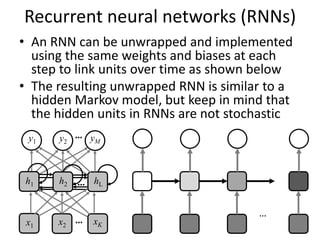 …
…
…
…
xK
x2
x1
h1 h2 hL
y1 y2 yM
Recurrent neural networks (RNNs)
• An RNN can be unwrapped and implemented
using the same weights and biases at each
step to link units over time as shown below
• The resulting unwrapped RNN is similar to a
hidden Markov model, but keep in mind that
the hidden units in RNNs are not stochastic
 