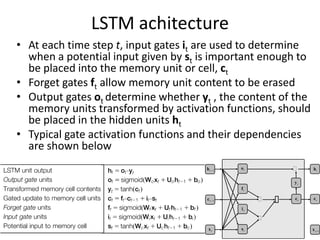 LSTM achitecture
• At each time step t, input gates it are used to determine
when a potential input given by st is important enough to
be placed into the memory unit or cell, ct
• Forget gates ft allow memory unit content to be erased
• Output gates ot determine whether yt , the content of the
memory units transformed by activation functions, should
be placed in the hidden units ht
• Typical gate activation functions and their dependencies
are shown below
…
ft
yt
xt st
ct
it
ot
… ⊕
… ht
ht-
-1
xt+1
ct-
-1
ct
 