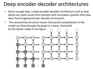 …
…
Deep encoder-decoder architectures
• Given enough data, a deep encoder-decoder architecture such as that
below can yield results that compete with translation systems that have
been hand-engineered over decades of research.
• The connectivity structure means that partial computations in the
model can flow through the graph in a wave, illustrated
by the darker nodes in the figure
 