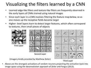 Visualizing the filters learned by a CNN
• Learned edge-like filters and texture-like filters are frequently observed in
the early layers of CNNs trained using natural images
• Since each layer in a CNN involves filtering the feature map below, so as
one moves up the receptive fields become larger
• Higher- level layers learn to detect larger features, which often correspond
to textures, then small pieces of objects
• Above are the strongest activations of random neurons projecting the activation back into
image space using the deconvolution approach of Zeiler and Fergus (2013).
(Imagery kindly provided by Matthew Zeiler)
 