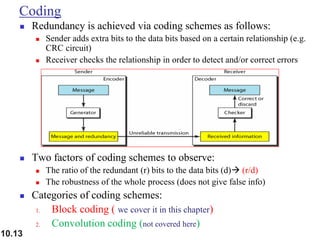 10.13
Coding
◼ Redundancy is achieved via coding schemes as follows:
◼ Sender adds extra bits to the data bits based on a certain relationship (e.g.
CRC circuit)
◼ Receiver checks the relationship in order to detect and/or correct errors
◼ Two factors of coding schemes to observe:
◼ The ratio of the redundant (r) bits to the data bits (d)→ (r/d)
◼ The robustness of the whole process (does not give false info)
◼ Categories of coding schemes:
1. Block coding ( we cover it in this chapter)
2. Convolution coding (not covered here)
 