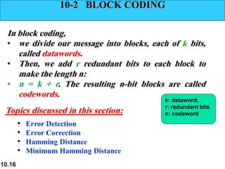 10.16
10-2 BLOCK CODING
In block coding,
• we divide our message into blocks, each of k bits,
called datawords.
• Then, we add r redundant bits to each block to
make the length n:
• n = k + r. The resulting n-bit blocks are called
codewords.
• Error Detection
• Error Correction
• Hamming Distance
• Minimum Hamming Distance
Topics discussed in this section:
k: dataword;
r: redundant bits
n: codeword
 