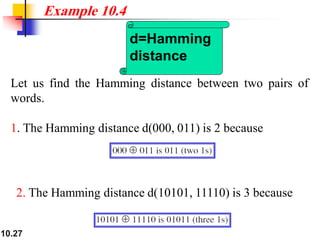 10.27
Let us find the Hamming distance between two pairs of
words.
1. The Hamming distance d(000, 011) is 2 because
Example 10.4
2. The Hamming distance d(10101, 11110) is 3 because
d=Hamming
distance
 