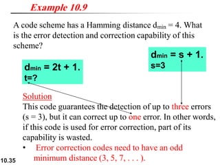 10.35
A code scheme has a Hamming distance dmin = 4. What
is the error detection and correction capability of this
scheme?
Solution
This code guarantees the detection of up to three errors
(s = 3), but it can correct up to one error. In other words,
if this code is used for error correction, part of its
capability is wasted.
• Error correction codes need to have an odd
minimum distance (3, 5, 7, . . . ).
Example 10.9
dmin = s + 1.
s=3
dmin = 2t + 1.
t=?
 