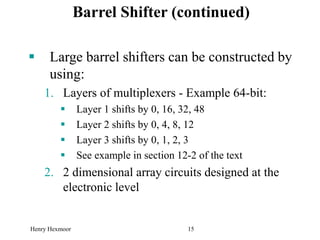 Henry Hexmoor 15
Barrel Shifter (continued)
 Large barrel shifters can be constructed by
using:
1. Layers of multiplexers - Example 64-bit:
 Layer 1 shifts by 0, 16, 32, 48
 Layer 2 shifts by 0, 4, 8, 12
 Layer 3 shifts by 0, 1, 2, 3
 See example in section 12-2 of the text
2. 2 dimensional array circuits designed at the
electronic level
 