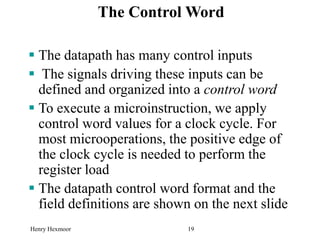Henry Hexmoor 19
The Control Word
 The datapath has many control inputs
 The signals driving these inputs can be
defined and organized into a control word
 To execute a microinstruction, we apply
control word values for a clock cycle. For
most microoperations, the positive edge of
the clock cycle is needed to perform the
register load
 The datapath control word format and the
field definitions are shown on the next slide
 