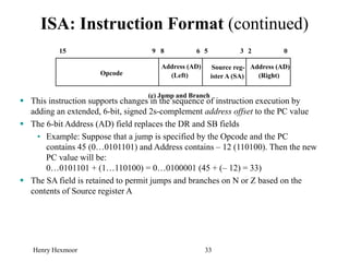 Henry Hexmoor 33
ISA: Instruction Format (continued)
 This instruction supports changes in the sequence of instruction execution by
adding an extended, 6-bit, signed 2s-complement address offset to the PC value
 The 6-bit Address (AD) field replaces the DR and SB fields
• Example: Suppose that a jump is specified by the Opcode and the PC
contains 45 (0…0101101) and Address contains – 12 (110100). Then the new
PC value will be:
0…0101101 + (1…110100) = 0…0100001 (45 + (– 12) = 33)
 The SA field is retained to permit jumps and branches on N or Z based on the
contents of Source register A
(c) Jump and Branch
Opcode
Source reg-
ister A (SA)
15 9 8 6 5 3 2 0
Address (AD)
(Right)
Address (AD)
(Left)
 