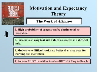 Motivation and Expectancy
Theory
The Work of Atkinson
1. High probability of success can be detrimental to
motivation.
2. Success is an easy task not valued as success in a difficult
task.
3. Moderate to difficult tasks are better than easy ones for
learning and motivation.
4. Success MUST be within Reach—BUT Not Easy to Reach.
 