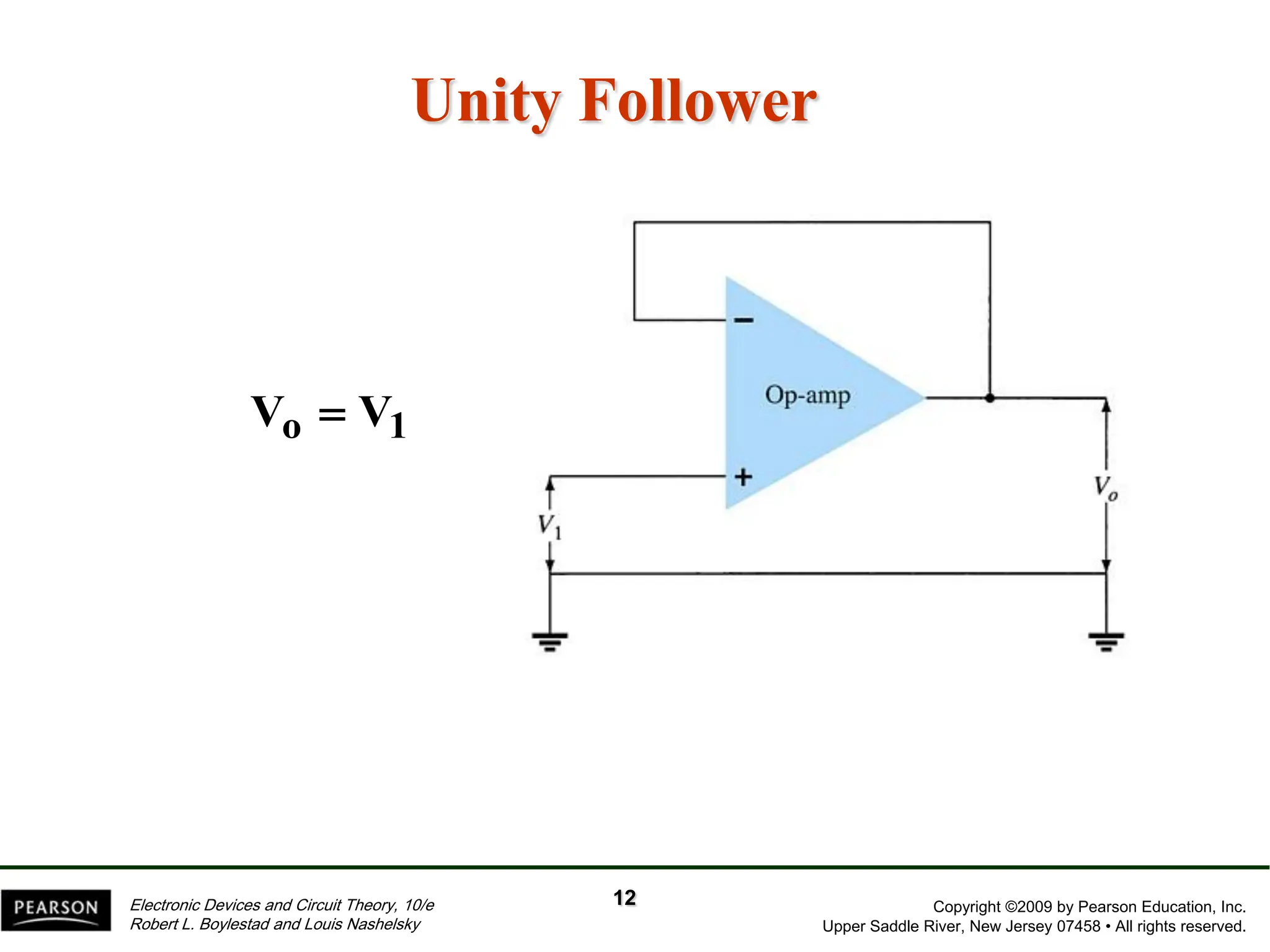 Copyright ©2009 by Pearson Education, Inc.
Upper Saddle River, New Jersey 07458 • All rights reserved.
Electronic Devices and Circuit Theory, 10/e
Robert L. Boylestad and Louis Nashelsky
Unity Follower
1
o V
V 
12
 