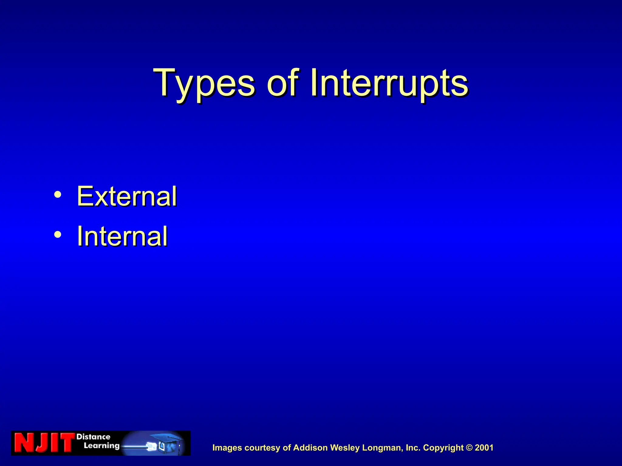 Images courtesy of Addison Wesley Longman, Inc. Copyright © 2001
Images courtesy of Addison Wesley Longman, Inc. Copyright © 2001
Types of Interrupts
Types of Interrupts
• External
External
• Internal
Internal
 