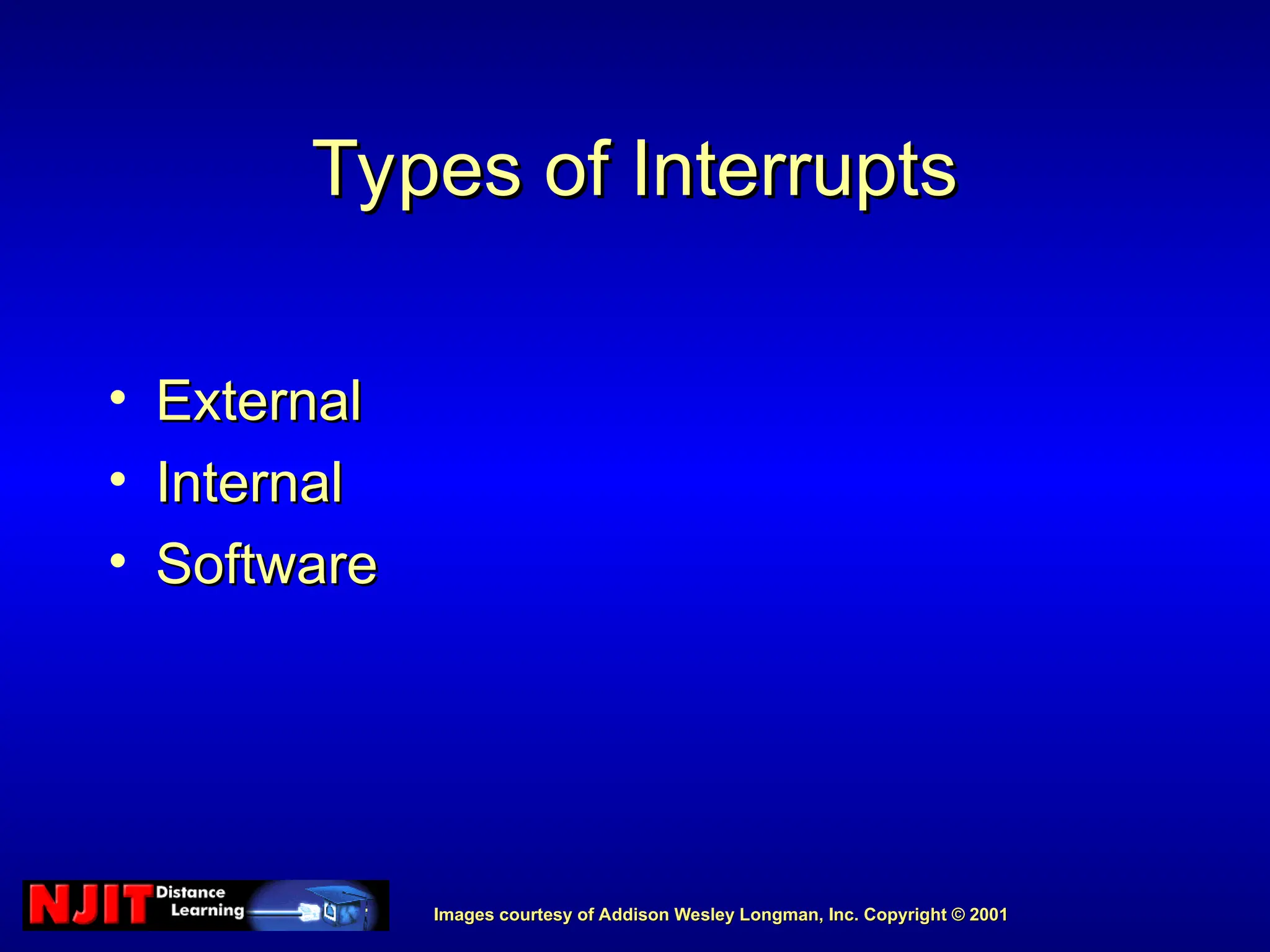 Images courtesy of Addison Wesley Longman, Inc. Copyright © 2001
Images courtesy of Addison Wesley Longman, Inc. Copyright © 2001
Types of Interrupts
Types of Interrupts
• External
External
• Internal
Internal
• Software
Software
 