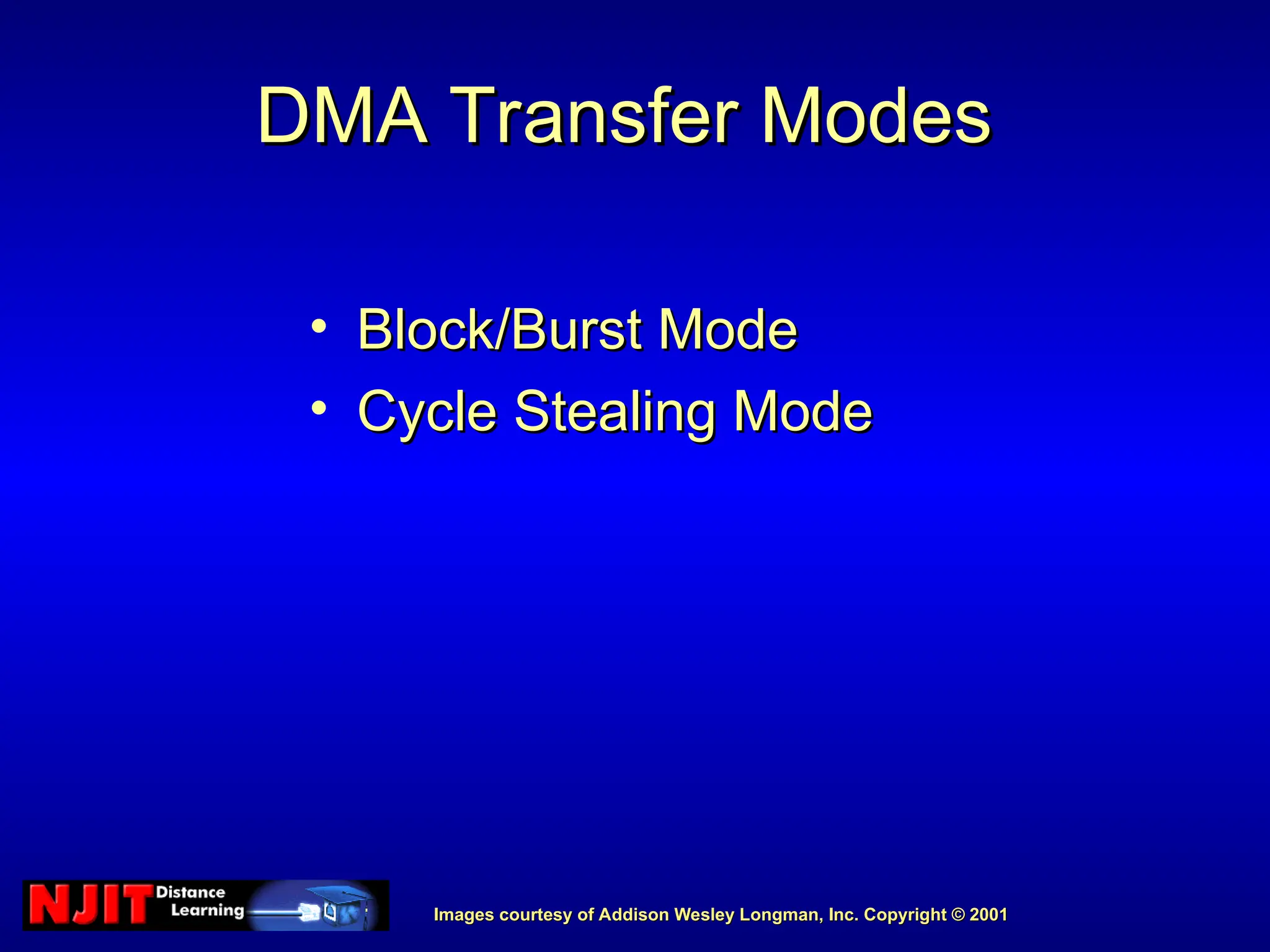 Images courtesy of Addison Wesley Longman, Inc. Copyright © 2001
Images courtesy of Addison Wesley Longman, Inc. Copyright © 2001
DMA Transfer Modes
DMA Transfer Modes
• Block/Burst Mode
Block/Burst Mode
• Cycle Stealing Mode
Cycle Stealing Mode
 