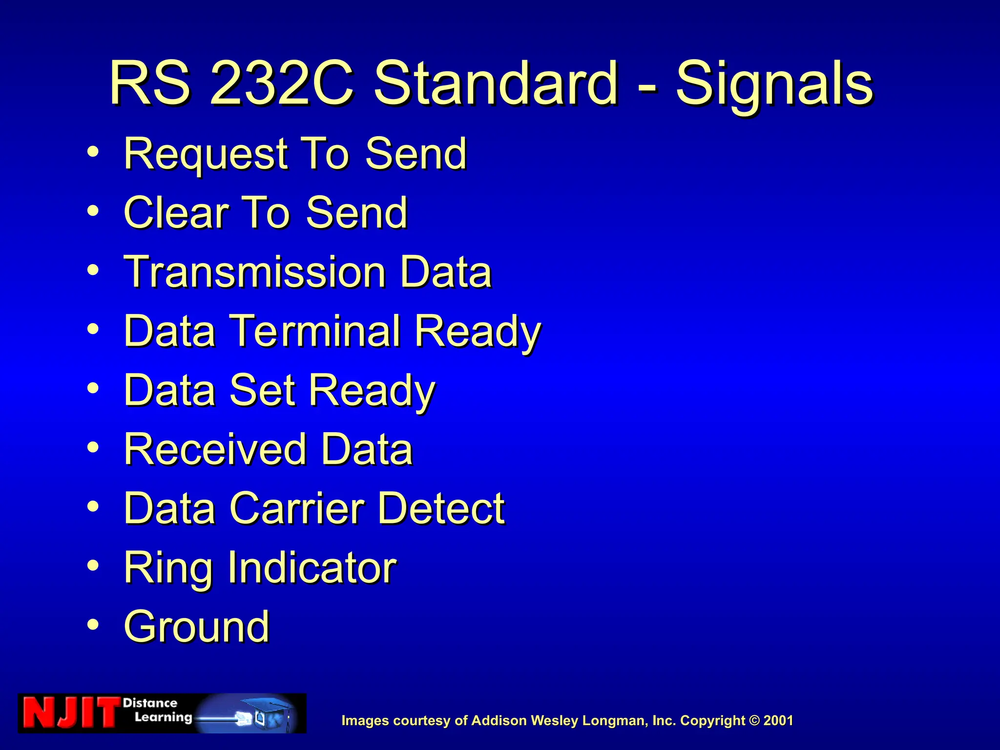 Images courtesy of Addison Wesley Longman, Inc. Copyright © 2001
Images courtesy of Addison Wesley Longman, Inc. Copyright © 2001
• Request To Send
Request To Send
• Clear To Send
Clear To Send
• Transmission Data
Transmission Data
• Data Terminal Ready
Data Terminal Ready
• Data Set Ready
Data Set Ready
• Received Data
Received Data
• Data Carrier Detect
Data Carrier Detect
• Ring Indicator
Ring Indicator
• Ground
Ground
RS 232C Standard - Signals
RS 232C Standard - Signals
 