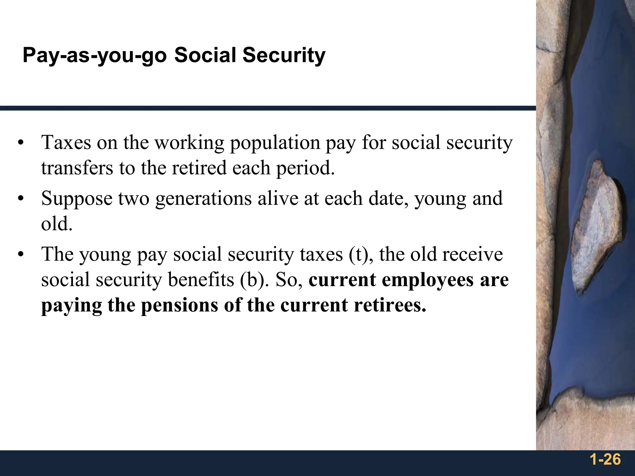 1-26
Pay-as-you-go Social Security
• Taxes on the working population pay for social security
transfers to the retired each period.
• Suppose two generations alive at each date, young and
old.
• The young pay social security taxes (t), the old receive
social security benefits (b). So, current employees are
paying the pensions of the current retirees.
 