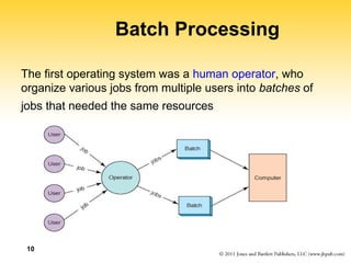 10
Batch Processing
The first operating system was a human operator, who
organize various jobs from multiple users into batches of
jobs that needed the same resources
 