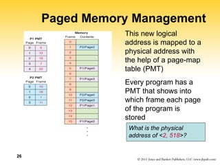 26
Paged Memory Management
This new logical
address is mapped to a
physical address with
the help of a page-map
table (PMT)
Every program has a
PMT that shows into
which frame each page
of the program is
stored
What is the physical
address of <2, 518>?
 