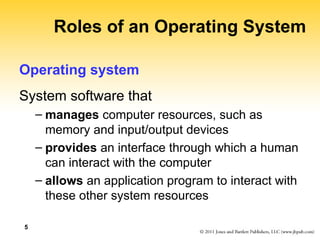 5
Roles of an Operating System
Operating system
System software that
– manages computer resources, such as
memory and input/output devices
– provides an interface through which a human
can interact with the computer
– allows an application program to interact with
these other system resources
 