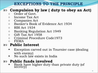 EXCEPTIONS TO THE PRINCIPLE   Compulsion by law ( duty to obey an Act) Order of Govt.  Income Tax Act  Companies Act Banker's Book of Evidence Act 1934  RBI Act 1934 Banking Regulation Act 1949 Gift Tax Act 1958 Criminal Procedure Code1973 FEMA  Public Interest   Exception carved out in Tournier case (dealing with enemy) No such law exists in India  Public funds involved   Bank have higher duty than private duty (of secrecy) 