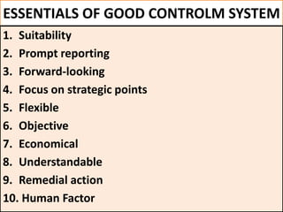 ESSENTIALS OF GOOD CONTROLM SYSTEM
1. Suitability
2. Prompt reporting
3. Forward-looking
4. Focus on strategic points
5. Flexible
6. Objective
7. Economical
8. Understandable
9. Remedial action
10. Human Factor
 