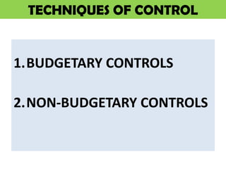 TECHNIQUES OF CONTROL


1.BUDGETARY CONTROLS

2.NON-BUDGETARY CONTROLS
 