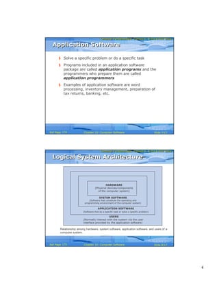4
Computer Fundamentals: Pradeep K. Sinha & Priti SinhaComputer Fundamentals: Pradeep K. Sinha & Priti Sinha
Slide 7/17Chapter 10: Computer SoftwareRef Page
§ Solve a specific problem or do a specific task
§ Programs included in an application software
package are called application programs and the
programmers who prepare them are called
application programmers
§ Examples of application software are word
processing, inventory management, preparation of
tax returns, banking, etc.
Application SoftwareApplication Software
174
Computer Fundamentals: Pradeep K. Sinha & Priti SinhaComputer Fundamentals: Pradeep K. Sinha & Priti Sinha
Slide 8/17Chapter 10: Computer SoftwareRef Page
Logical System ArchitectureLogical System Architecture
HARDWARE
(Physical devices/components
of the computer system)
SYSTEM SOFTWARE
(Software that constitute the operating and
programming environment of the computer system)
APPLICATION SOFTWARE
(Software that do a specific task or solve a specific problem)
USERS
(Normally interact with the system via the user
interface provided by the application software)
Relationship among hardware, system software, application software, and users of a
computer system.
175
 