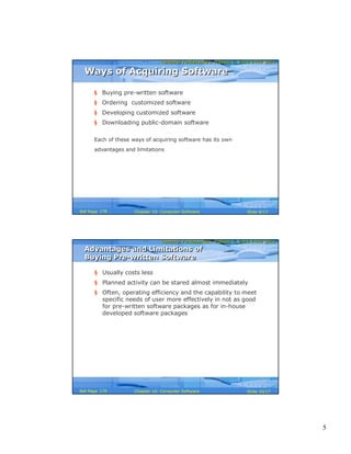 5
Computer Fundamentals: Pradeep K. Sinha & Priti SinhaComputer Fundamentals: Pradeep K. Sinha & Priti Sinha
Slide 9/17Chapter 10: Computer SoftwareRef Page
Ways of Acquiring SoftwareWays of Acquiring Software
§ Buying pre-written software
§ Ordering customized software
§ Developing customized software
§ Downloading public-domain software
Each of these ways of acquiring software has its own
advantages and limitations
176
Computer Fundamentals: Pradeep K. Sinha & Priti SinhaComputer Fundamentals: Pradeep K. Sinha & Priti Sinha
Slide 10/17Chapter 10: Computer SoftwareRef Page
Advantages and Limitations of
Buying Pre-written Software
Advantages and Limitations of
Buying Pre-written Software
§ Usually costs less
§ Planned activity can be stared almost immediately
§ Often, operating efficiency and the capability to meet
specific needs of user more effectively in not as good
for pre-written software packages as for in-house
developed software packages
176
 