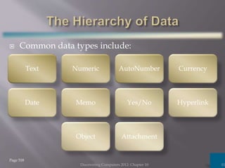  Common data types include:
Discovering Computers 2012: Chapter 10 11
Page 518
Text Numeric AutoNumber Currency
Date Memo Yes/No Hyperlink
Object Attachment
 