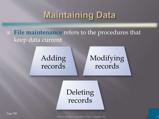 File maintenance refers to the procedures that
keep data current
Discovering Computers 2012: Chapter 10 13
Page 520
Adding
records
Modifying
records
Deleting
records
 