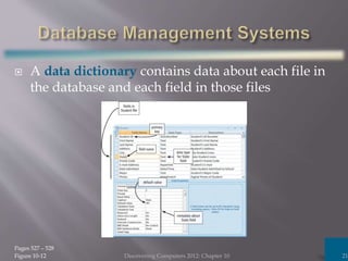  A data dictionary contains data about each file in
the database and each field in those files
Discovering Computers 2012: Chapter 10 21
Pages 527 – 528
Figure 10-12
 