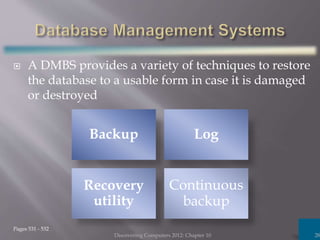  A DMBS provides a variety of techniques to restore
the database to a usable form in case it is damaged
or destroyed
Discovering Computers 2012: Chapter 10 28
Pages 531 - 532
Backup Log
Recovery
utility
Continuous
backup
 