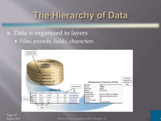  Data is organized in layers
 Files, records, fields, characters
Discovering Computers 2012: Chapter 10 9
Page 517
Figure 10-2
 