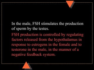 In the male, FSH stimulates the production
of sperm by the testes.
FSH production is controlled by regulating
factors released from the hypothalamus in
response to estrogens in the female and to
testerone in the male, in the manner of a
negative feedback system.
 