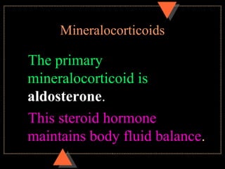 Mineralocorticoids
The primary
mineralocorticoid is
aldosterone.
This steroid hormone
maintains body fluid balance.
 