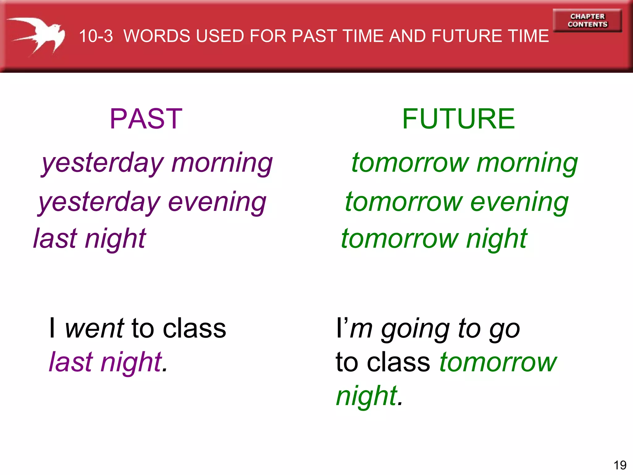 I  went  to   class   last night . yesterday   morning   tomorrow morning yesterday   evening   tomorrow evening last   night   tomorrow night PAST FUTURE I’ m going to go to   class   tomorrow  night . 10-3  WORDS USED FOR PAST TIME AND FUTURE TIME 