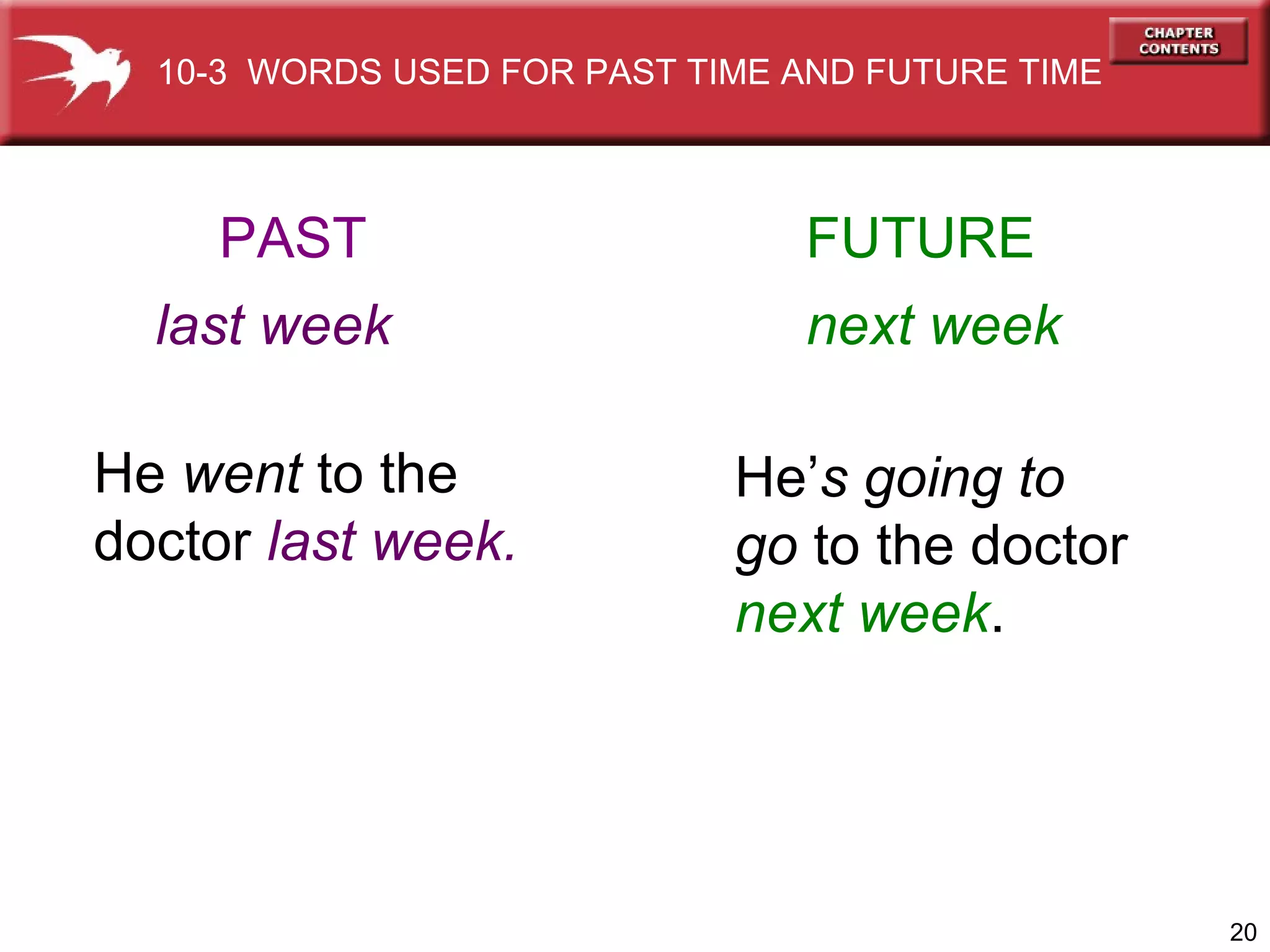 last week     next week PAST FUTURE He  went  to the doctor  last week. He’ s   going to   go  to the doctor next week . 10-3  WORDS USED FOR PAST TIME AND FUTURE TIME 
