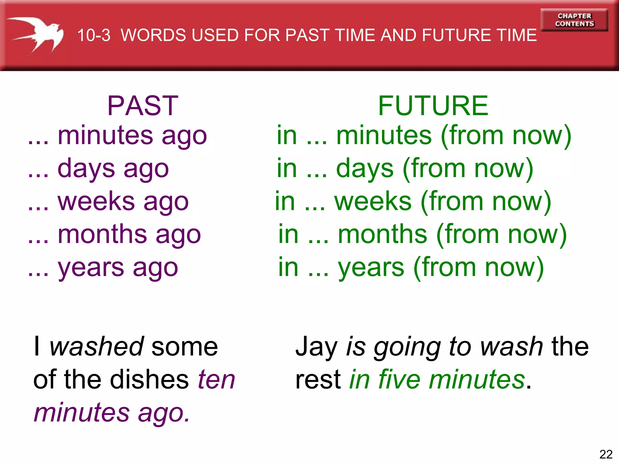 ... minutes ago  in ... minutes (from now) ...  days   ago   in ... days (from now) ...  weeks ago in ... weeks (from now) ...  months   ago   in ... months (from now) ...  years   ago   in ... years (from now) PAST FUTURE I  washed  some   of the dishes  ten  minutes ago. Jay   is going to wash  the rest  in five minutes . 10-3  WORDS USED FOR PAST TIME AND FUTURE TIME 