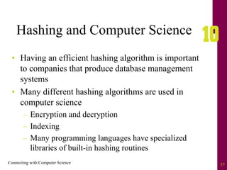 Connecting with Computer Science 37
Hashing and Computer Science
• Having an efficient hashing algorithm is important
to companies that produce database management
systems
• Many different hashing algorithms are used in
computer science
– Encryption and decryption
– Indexing
– Many programming languages have specialized
libraries of built-in hashing routines
 
