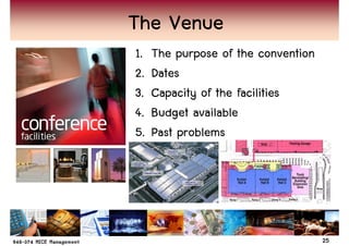 The Venue
1.   The purpose of the convention
2.   Dates
3.   Capacity of the facilities
4.   Budget available
5.   Past problems




                                     25
 