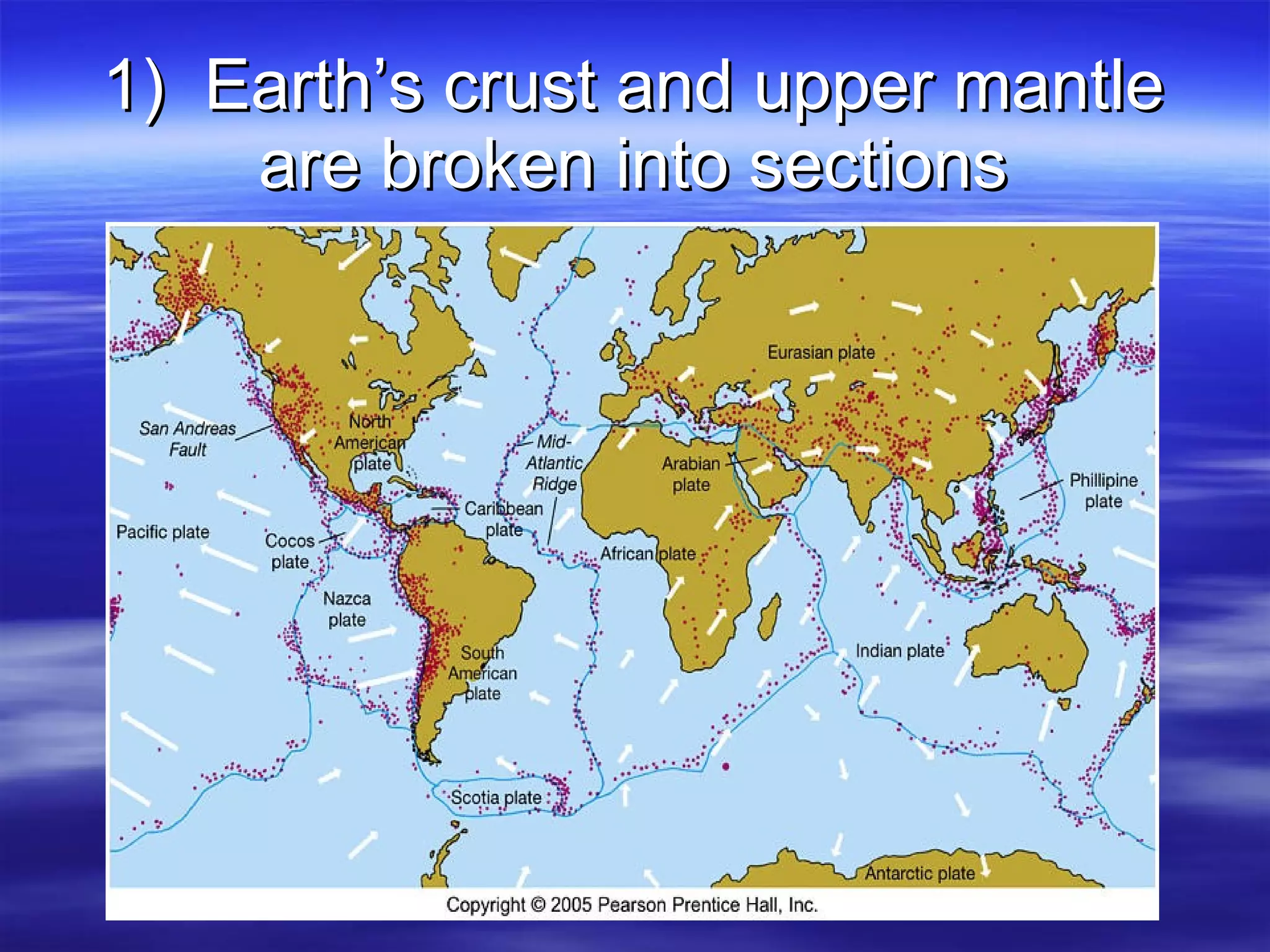 1)  Earth’s crust and upper mantle are broken into sections 