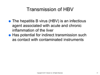Copyright © 2017, Elsevier Inc. All Rights Reserved.
Transmission of HBV
 The hepatitis B virus (HBV) is an infectious
agent associated with acute and chronic
inflammation of the liver
 Has potential for indirect transmission such
as contact with contaminated instruments
17
 