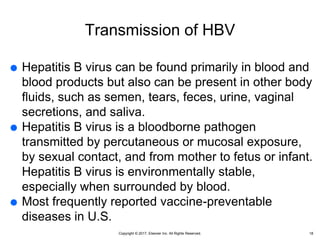 Copyright © 2017, Elsevier Inc. All Rights Reserved.
Transmission of HBV
 Hepatitis B virus can be found primarily in blood and
blood products but also can be present in other body
fluids, such as semen, tears, feces, urine, vaginal
secretions, and saliva.
 Hepatitis B virus is a bloodborne pathogen
transmitted by percutaneous or mucosal exposure,
by sexual contact, and from mother to fetus or infant.
Hepatitis B virus is environmentally stable,
especially when surrounded by blood.
 Most frequently reported vaccine-preventable
diseases in U.S.
18
 