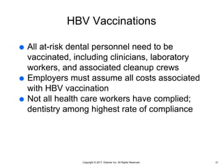 Copyright © 2017, Elsevier Inc. All Rights Reserved.
HBV Vaccinations
 All at-risk dental personnel need to be
vaccinated, including clinicians, laboratory
workers, and associated cleanup crews
 Employers must assume all costs associated
with HBV vaccination
 Not all health care workers have complied;
dentistry among highest rate of compliance
21
 