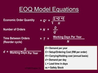 17
Economic Order Quantity
Number of Orders
Time Between Orders
(Reorder cycle)
Working Days Per Year
Working Days Per Yea...