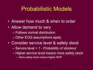 UiTMK/Chapter 10 28
• Answer how much & when to order
• Allow demand to vary
– Follows normal distribution
– Other EOQ ass...